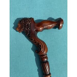 Lion Head Walking Stick Hand Carved 36.5" Solid Oak Beech Wood Rubber Tip